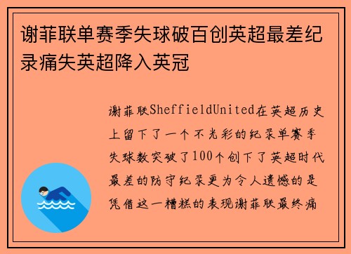 谢菲联单赛季失球破百创英超最差纪录痛失英超降入英冠