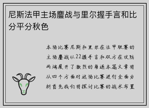 尼斯法甲主场鏖战与里尔握手言和比分平分秋色